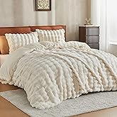 JELLYMONI Plush Duvet Cover Set - King Size Beige Faux Fur Comforter Cover 3pcs Bedding Set Luxury Ultra Soft Striped Fluffy Duvet Cover with Zipper and 2 Pillowcases (NO Comforter)