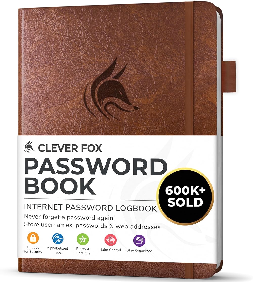 Clever Fox Password Book with Alphabetical Tabs Brown Small Pocket Logbook