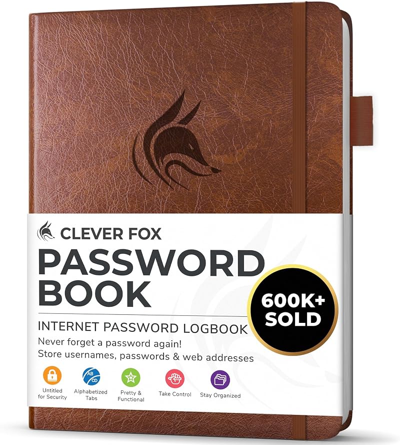 Clever Fox Password Book with Alphabetical Tabs Brown Small Pocket Logbook