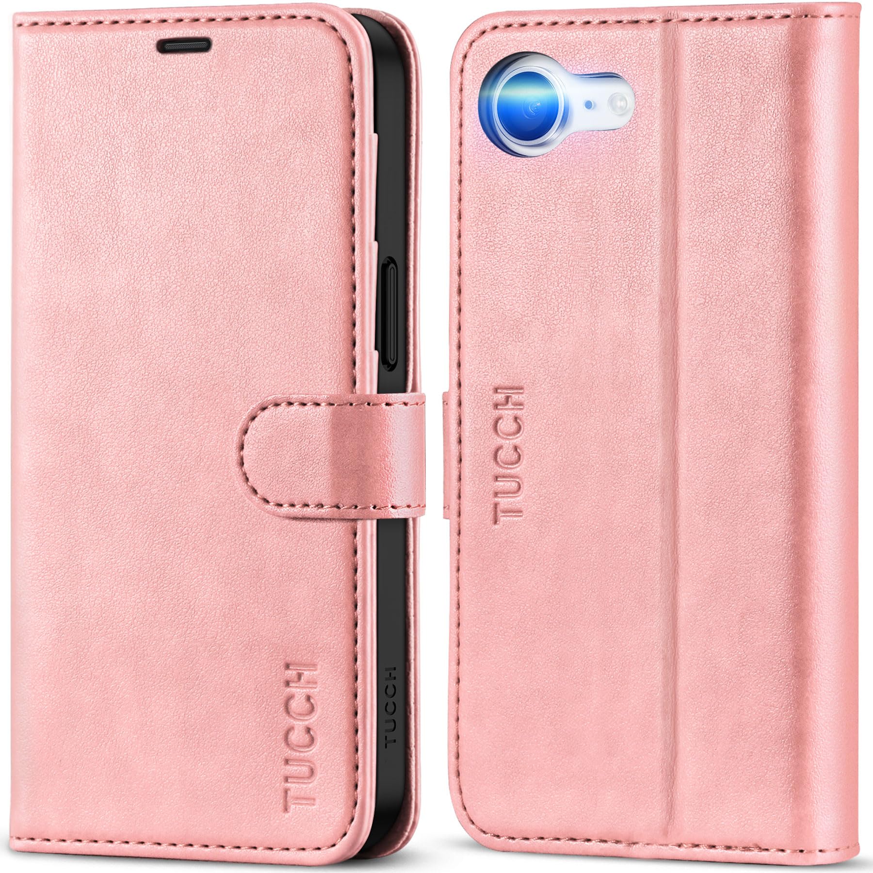 TUCCH Wallet Case for iPhone 17e 16e 6.1" 5G, [TPU Shockproof Inner Shell] PU Leather [RFID Blocking] 4 Card Holder Magnetic Kickstand Flip Cover Compatible with iPhone 17e 2026/16e 2025, Rose Gold