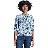 Jones New York Women's Printed Moss Crepe Crewneck with 3Q Puff, NYC White Multi