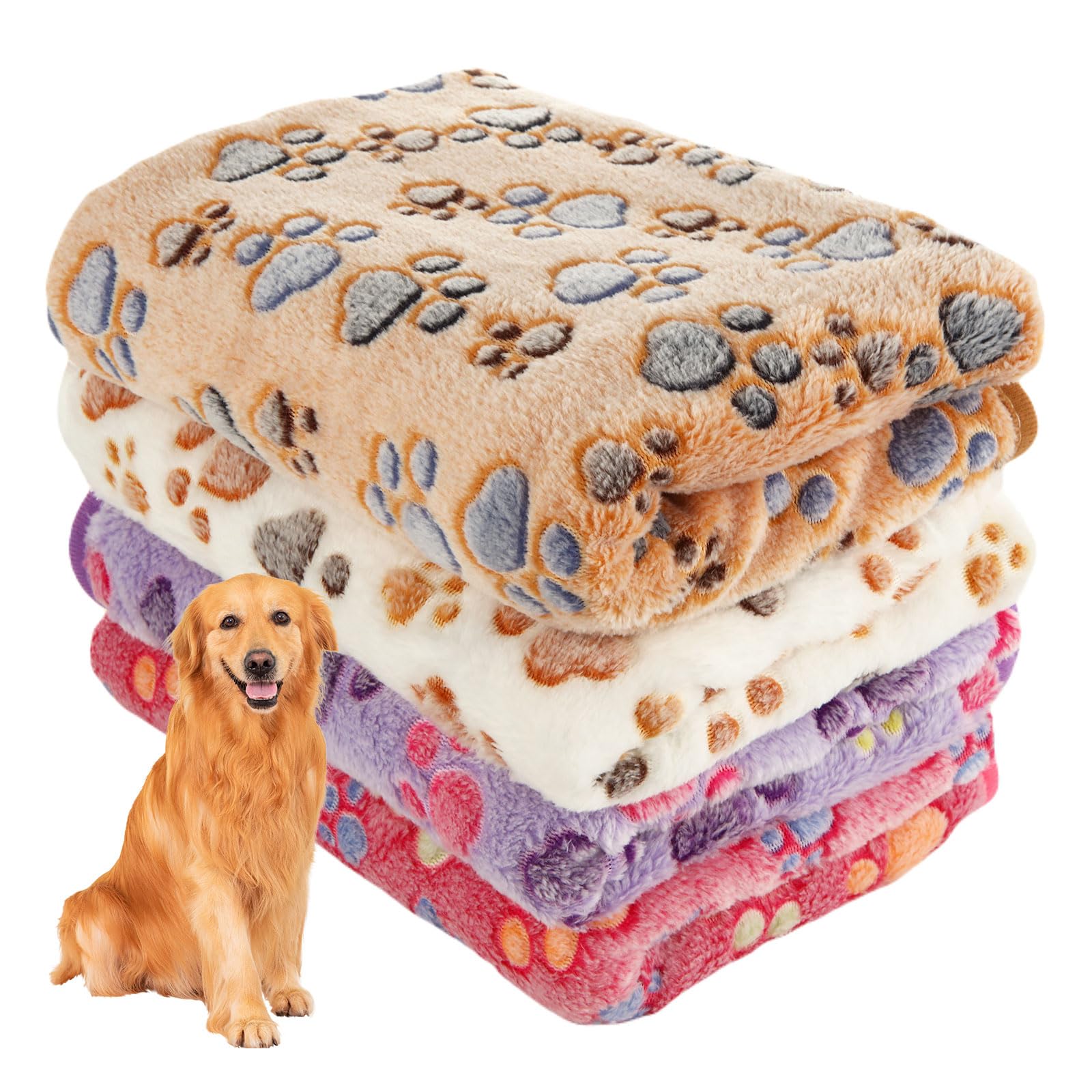 WOPPLXY 4 PCS Washable Dog Blankets - 104 x 76CM Soft Pet Blankets Cat Blankets - Breathable Puppy Blanket with Paw Prints for Small Medium Animal Dog, Cat, Hamster,Rabbit - White Brown Pink Purple