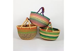 Bolga Zaare Market Basket, Handmade in Ghana Africa by Women Artisans (Colorful, Medium) (13"-15" Diameter x 8"-9" H) (1 Basket)