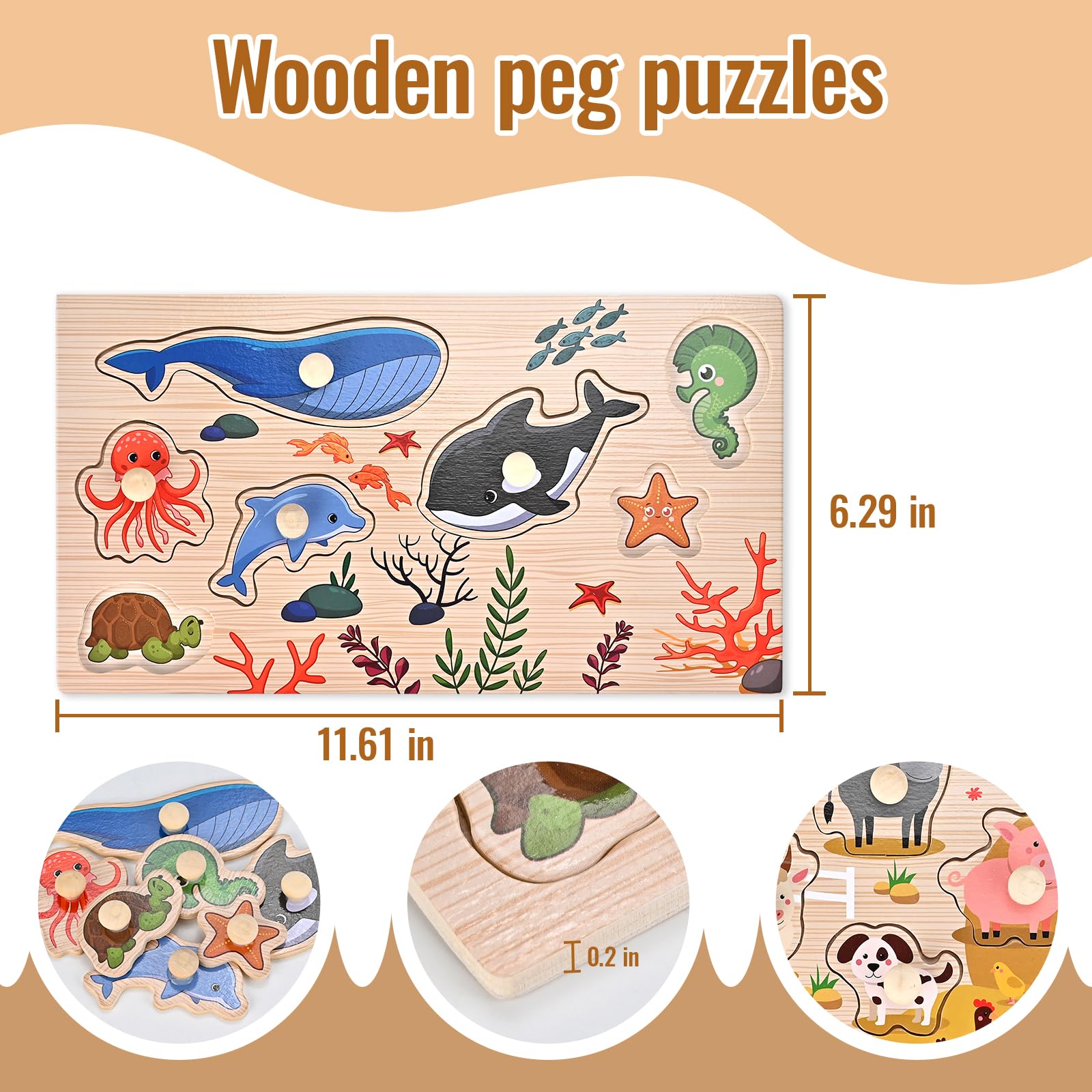 Wooderma Wooden Peg Puzzles for Toddlers 1-3, 2 Pcs Montessori Educational Learning Puzzle Toy Sets - Animal & Sea Themes Puzzles, Great Preschool Gifts for Girls and Boys (6.29 * 11.61in)