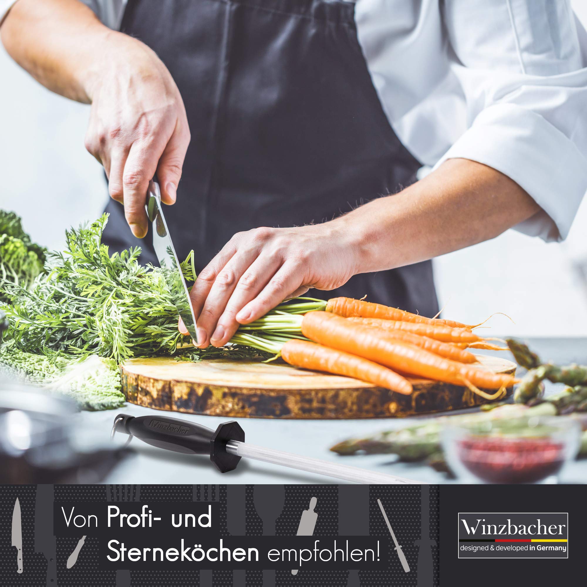 Winzbacher Wetzstahl [39cm] Profi Messerschärfer – aus gehärtetem Spezialstahl | Messerschaerfer Messerschleifer | ergonomisch geformter Soft-Touch Griff mit Fingerschutz 4