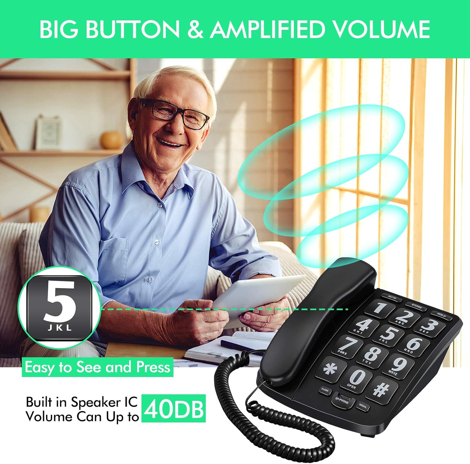 Riiai BigTel Big Button Telephone for Elderly Amplified Big Button