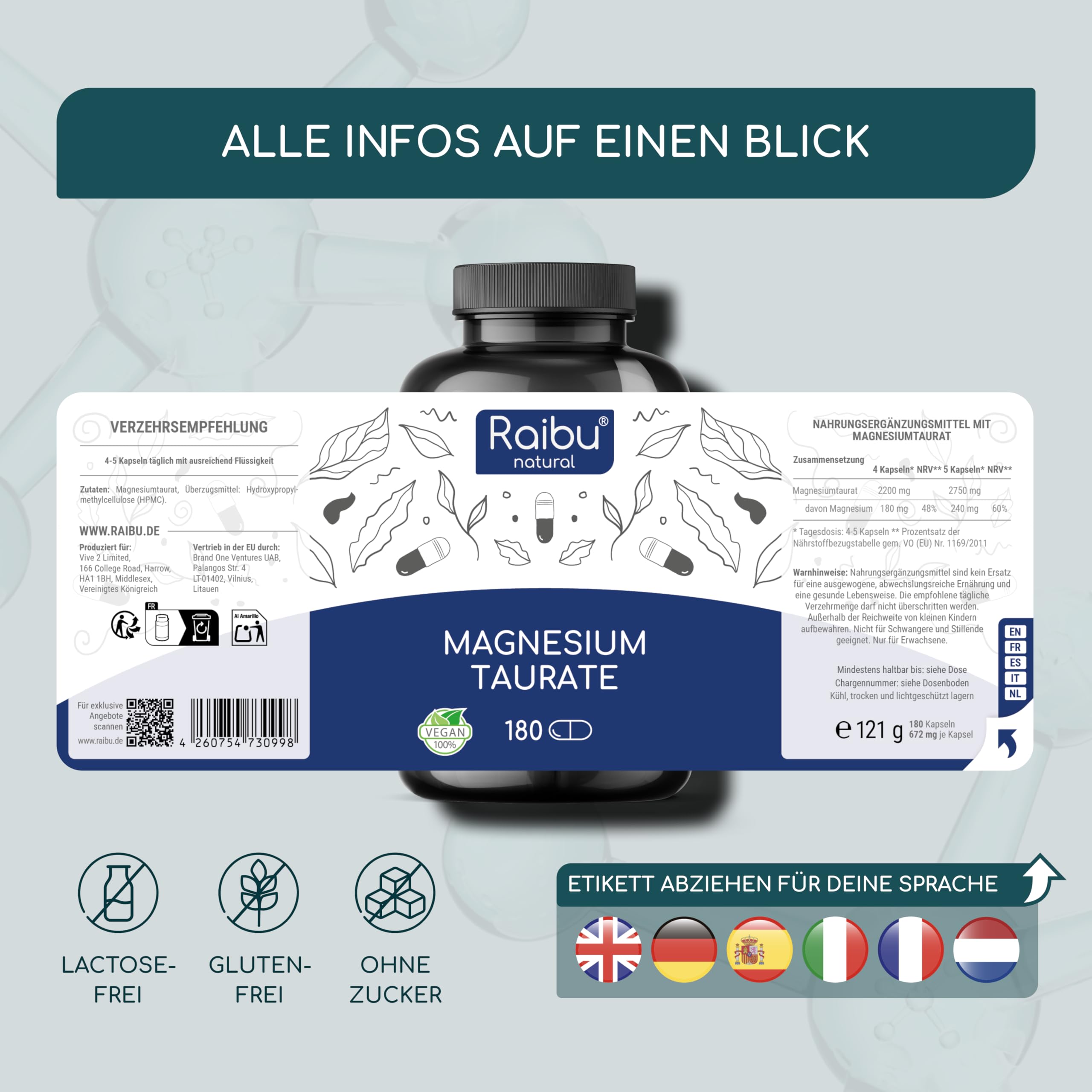 Magnesium Taurat 2750 mg pro Tag, 180 Kapseln - davon 240 mg elementares Magnesium pro Tag, Chelatierte Verbindung mit Taurin - Für Muskeln & Nerven* - Hohe Bioverfügbarkeit, Frei von Magnesiumstearat 7