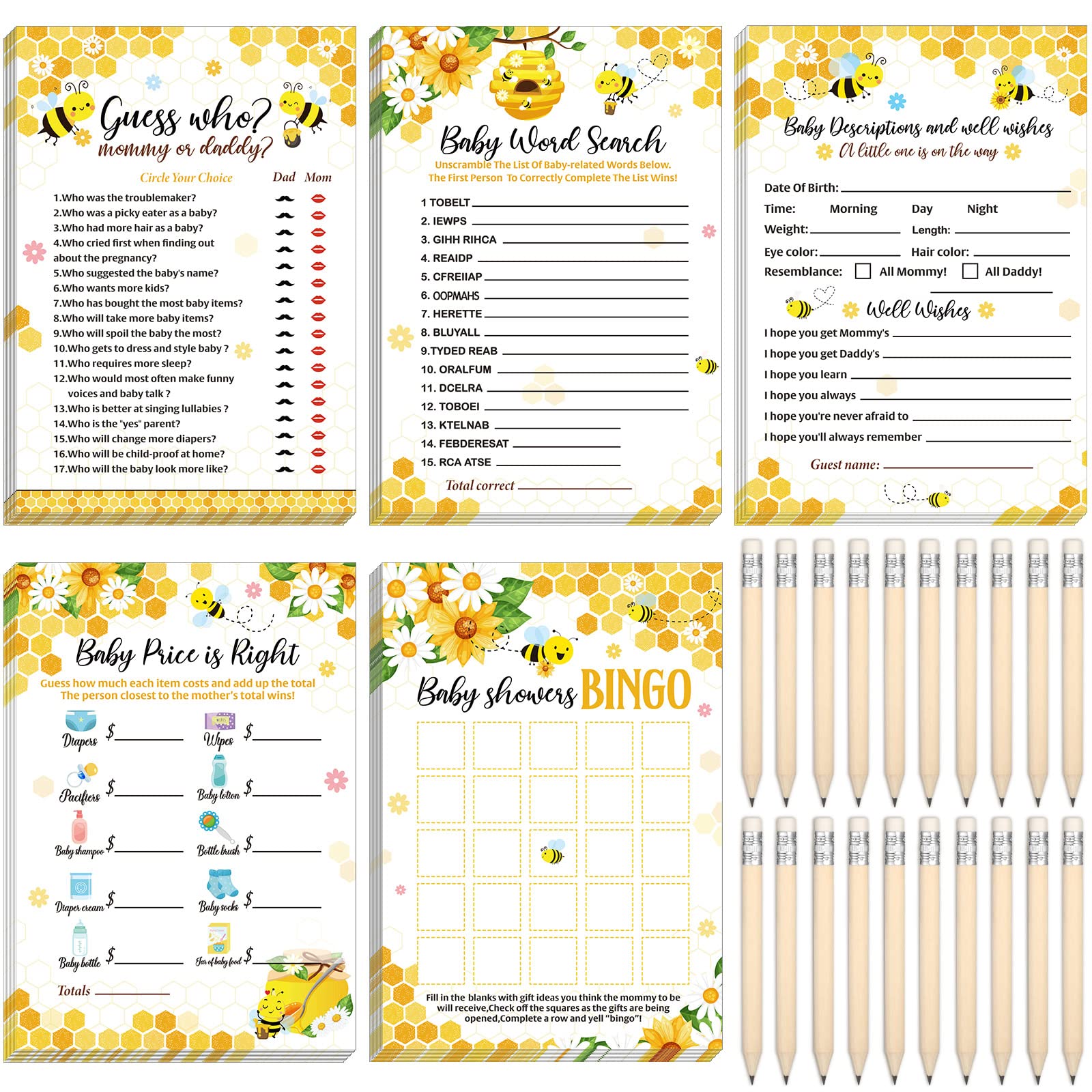 Photo 1 of Yinder 145 Pcs Baby Shower Games Activities Cards with 20 Pencils Includes Baby Bingo Description and Wishes Guess Who Price is Right Word Scramble Game(Bee Style)