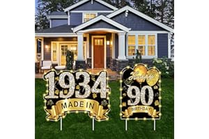 PUYRUIV 2Pcs Black Gold 90th Birthday Yard Sign Decoration with String Lights for Men Women,Happy 90th Birthday Made in 1934 Lawn Sign Party Supplies, Ninety Year Old Birthday Lights Yard Decor Stakes