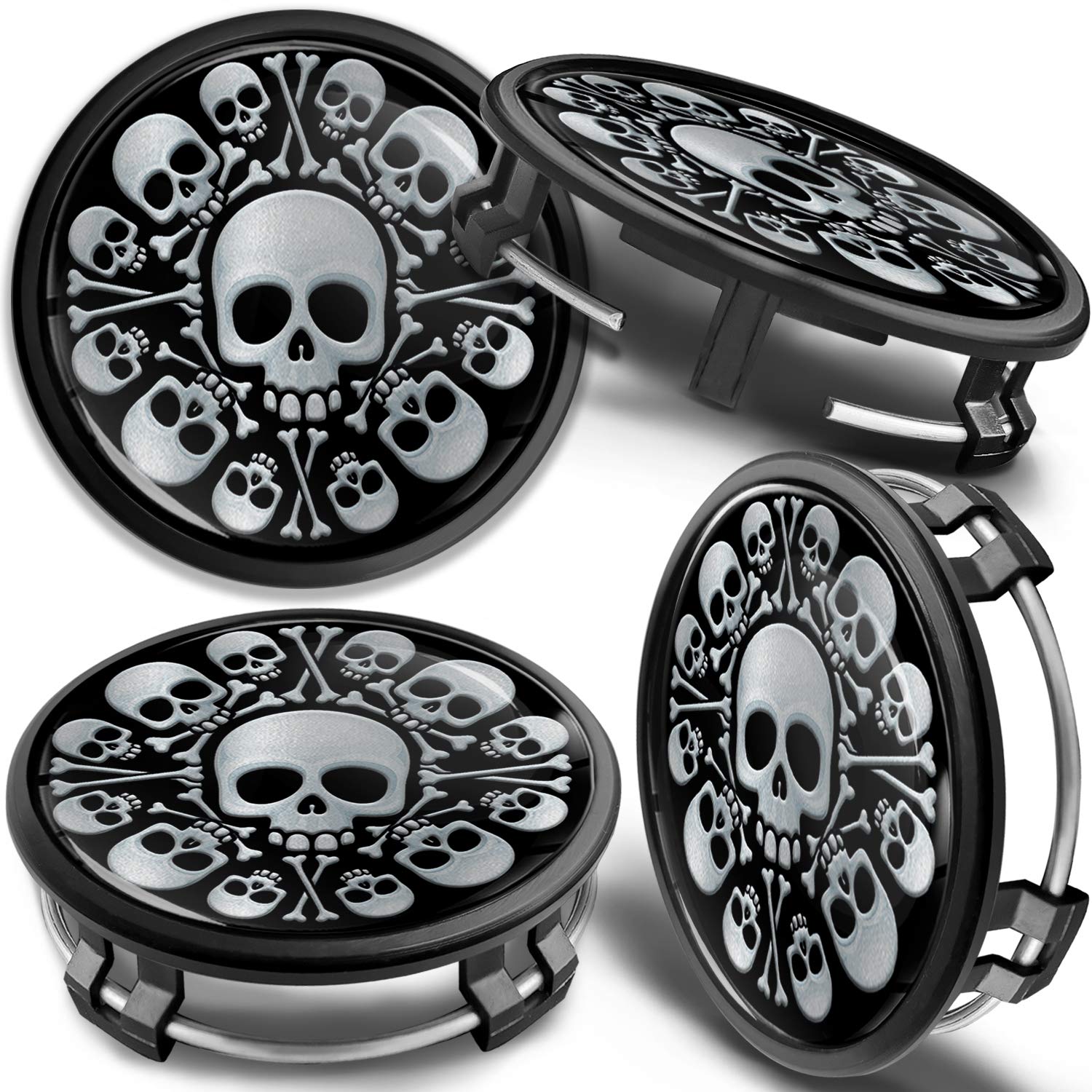 SkinoEu Set of 4 x 75mm Wheel Center Caps Compatible with Mercedes Benz B66470207 / B66470200 Black Silver Skull CM 10
