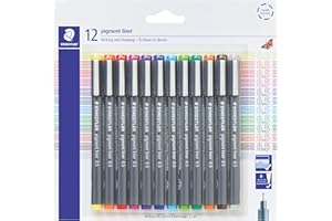 STAEDTLER 12ct Pigment Liner Pens: Set of 0.5mm Assorted Colours - Pigment Ink - Waterproof & Archival - Fine Tip For Writing