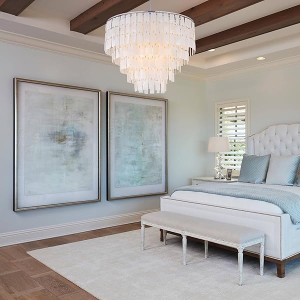 TOCHIC CAPIZ SHELL CHANDELIER, 6-LIGHT CHANDELIER FOR DINING ROOM, COASTAL CHANDELIER WITH NATURAL SHELLS, ROUND BOHO LIGHT FIXTURES FOR BEDROOM, LIVING ROOM, KITCHEN AND FOYER, CHROME, W-23.62″