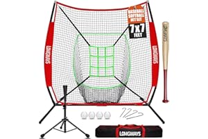 LOMGWAYS 7'x7' Portable Baseball Net Set - Batting, Hitting & Pitching Practice Net with Baseball Tee, Carrying Bag, for All Skills