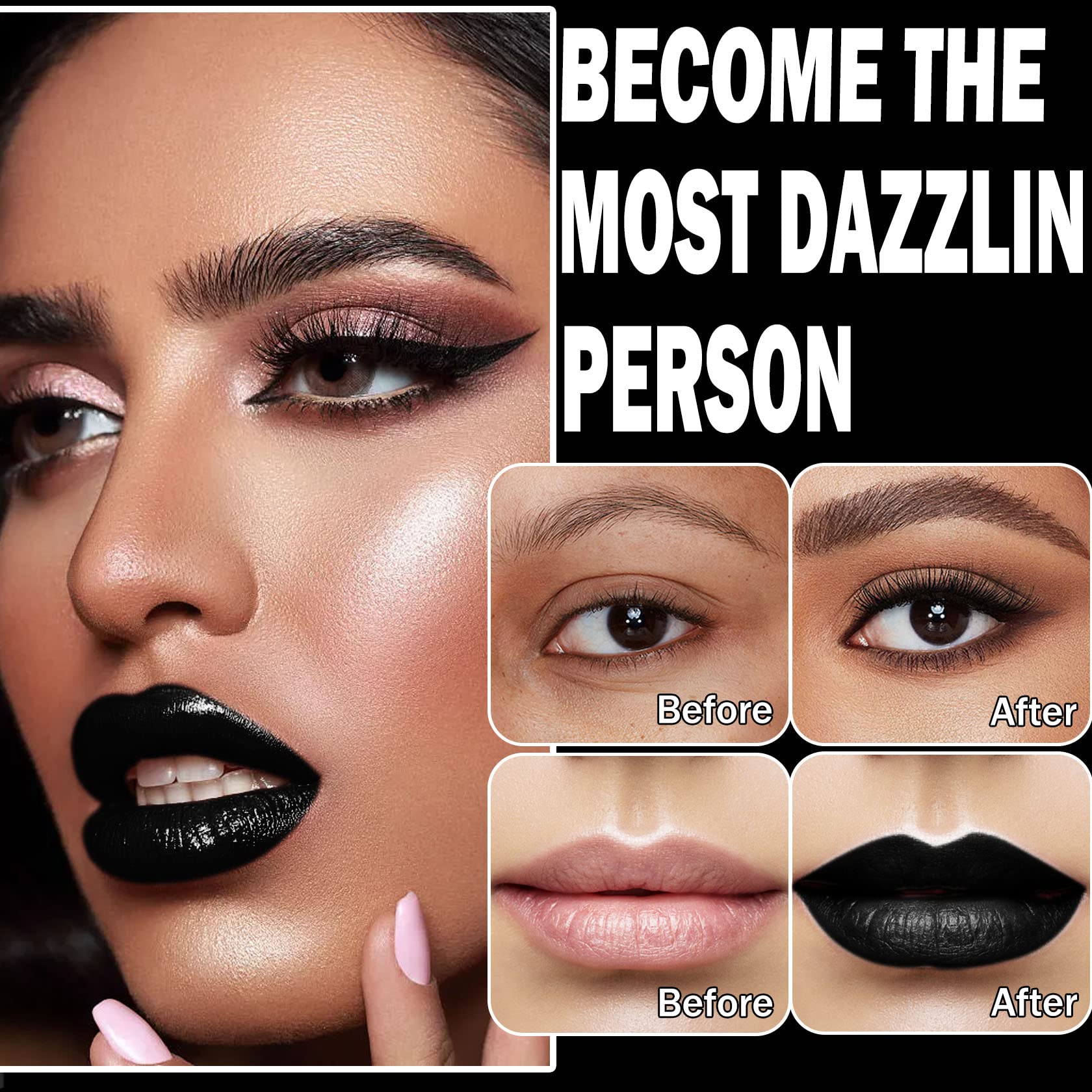 CAHIUYOA Black Matte Lipstick Lip Liner Set,Liquid Lipstick Lip Gloss Smudge Proof for Halloween Cosplay Goth Makeup,Waterproof and Long Lasting Black Lip Liner and Lipstick Set