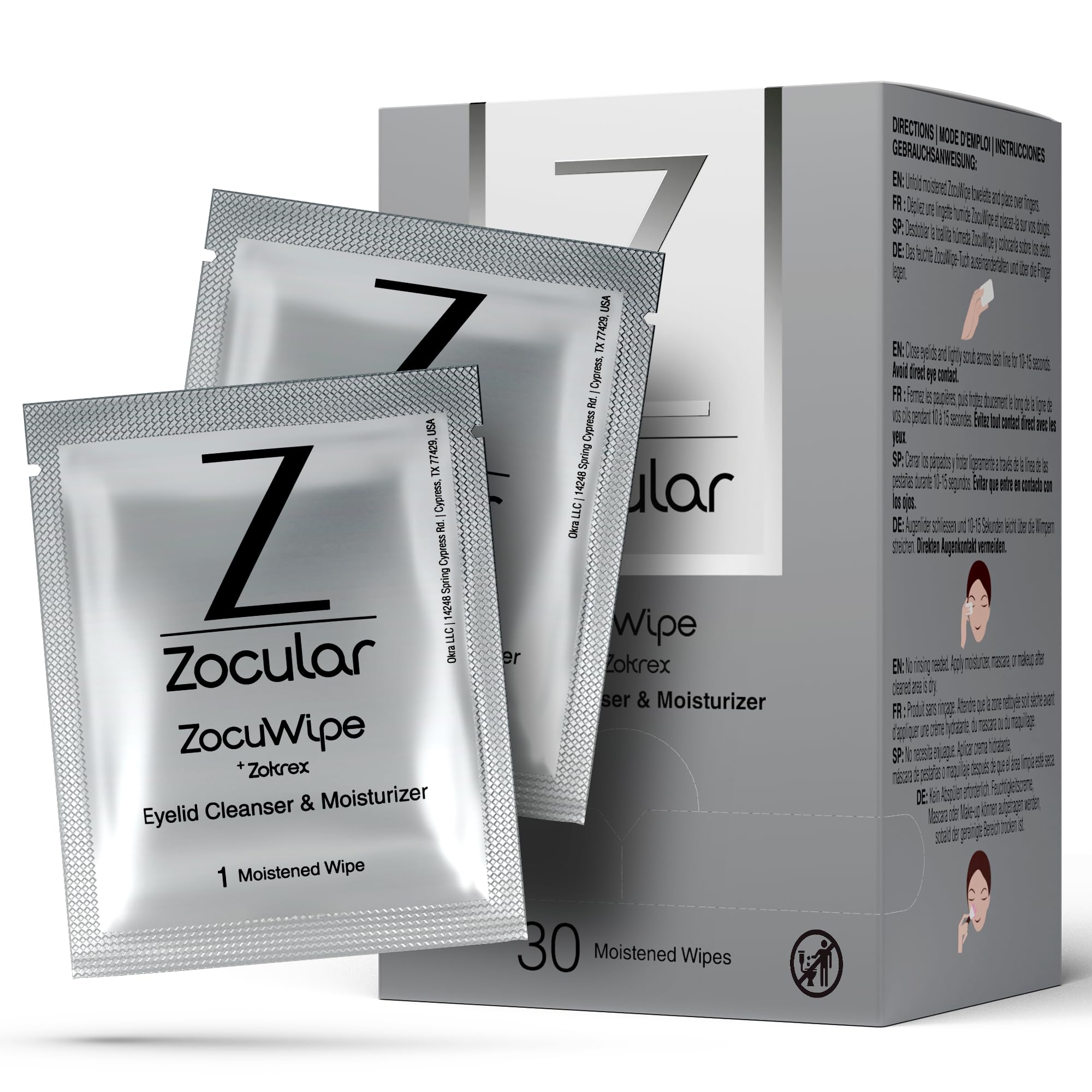 Zocular ZocuWipe Eyelid Wipes with Okra Complex - 30x Eyelid Cleanser and Moisturiser Pads for Irritated Dry Itchy Eyes - Blepharitis Treatment Eye Wipes