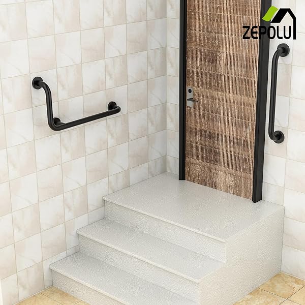 BLACK L-SHAPED GRAB BAR 12X24 INCH + KNURLED SHOWER GRAB RAIL 20 INCH, ZEPOLU STAINLESS STEEL TOILET SAFETY BAR 90 DEGREE, ANGLED BALANCE SUPPORT ASSIST BAR FOR ELDERLY, BATHROOM MOBILITY AID HANDRAIL