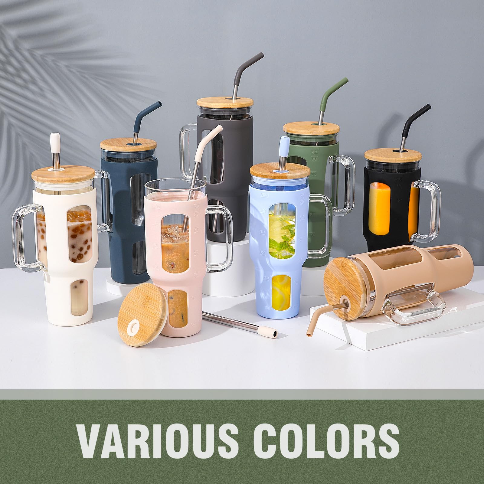 BLUEGO Tumbler becher mit Deckel und Strohhalmen, 1400ml Kaffeebecher To Go mit Henkel, Trinkbecher mit Silikonhülle, 1,4 L Tumbler becher mit 2 Strohhalmen, BPA-frei, Olive 7
