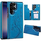 Korecase for Samsung Galaxy S25 Ultra Wallet Case with Card Holder,Flower Back Flip Protective Phone Case Cover for Samsung Galaxy S25 Ultra,Blue