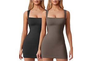 OQQ Women's 2 Piece Mini Dresses Sexy Ribbed Strappy Square Neck Tank Tops Mini Dress
