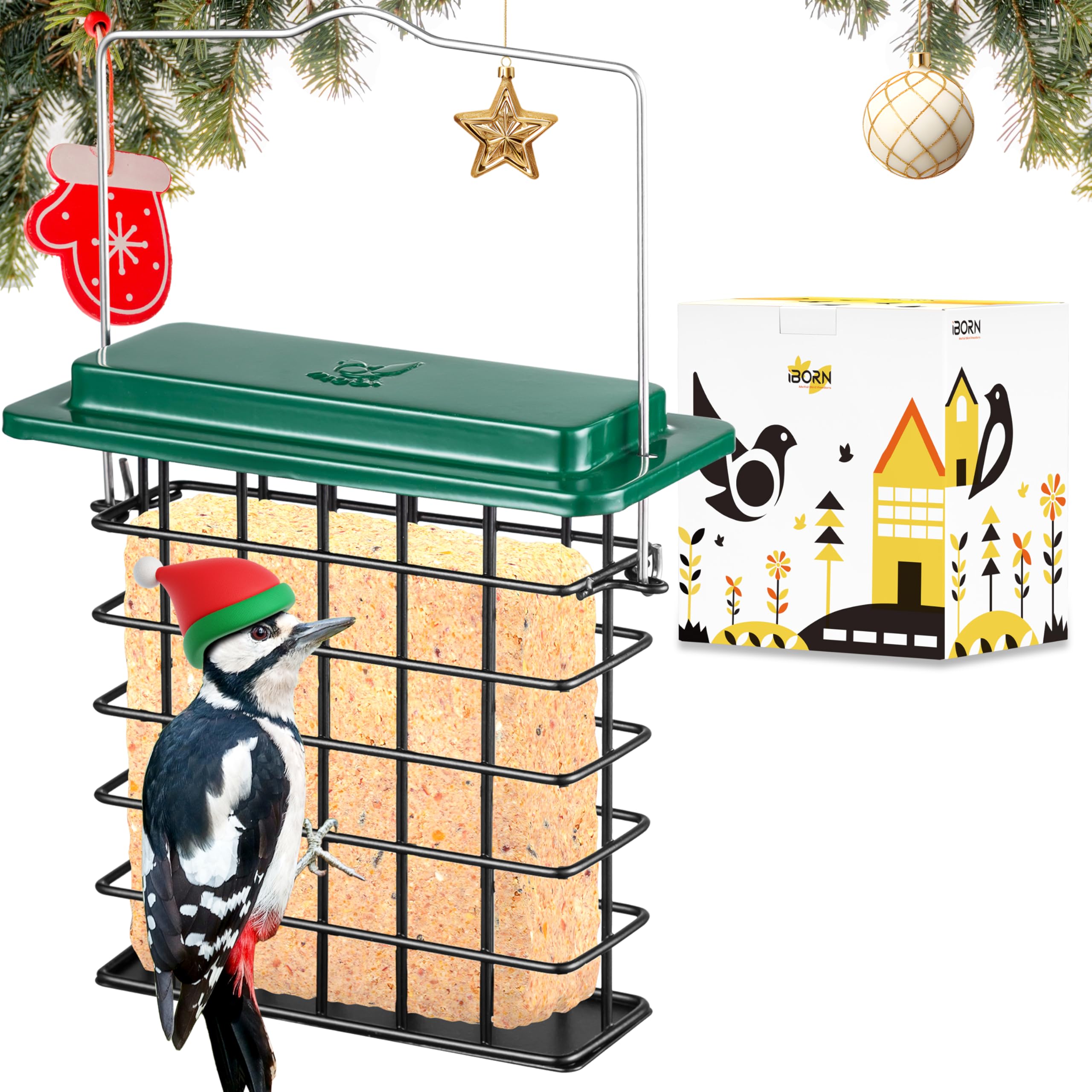 iBorn Suet Feeder Suet Bird Feeders [Single Capacity] for Outside Hanging with Taller Grid for Woodpecker,Metal Green（Pack of 1） — image 1