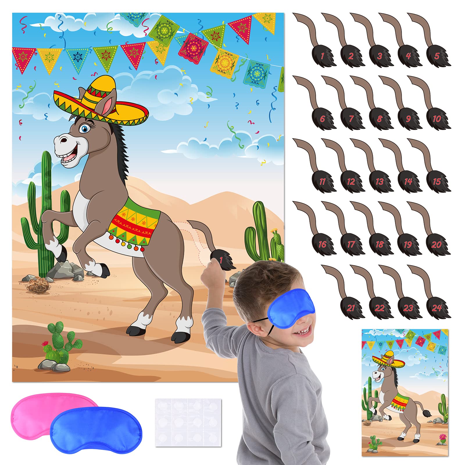 KUUQA Pin the Tail on the Donkey Party Game, Mexican Donkey Party Supplies, Birthday Party Decorations, Mexican Fiesta Party Decorations