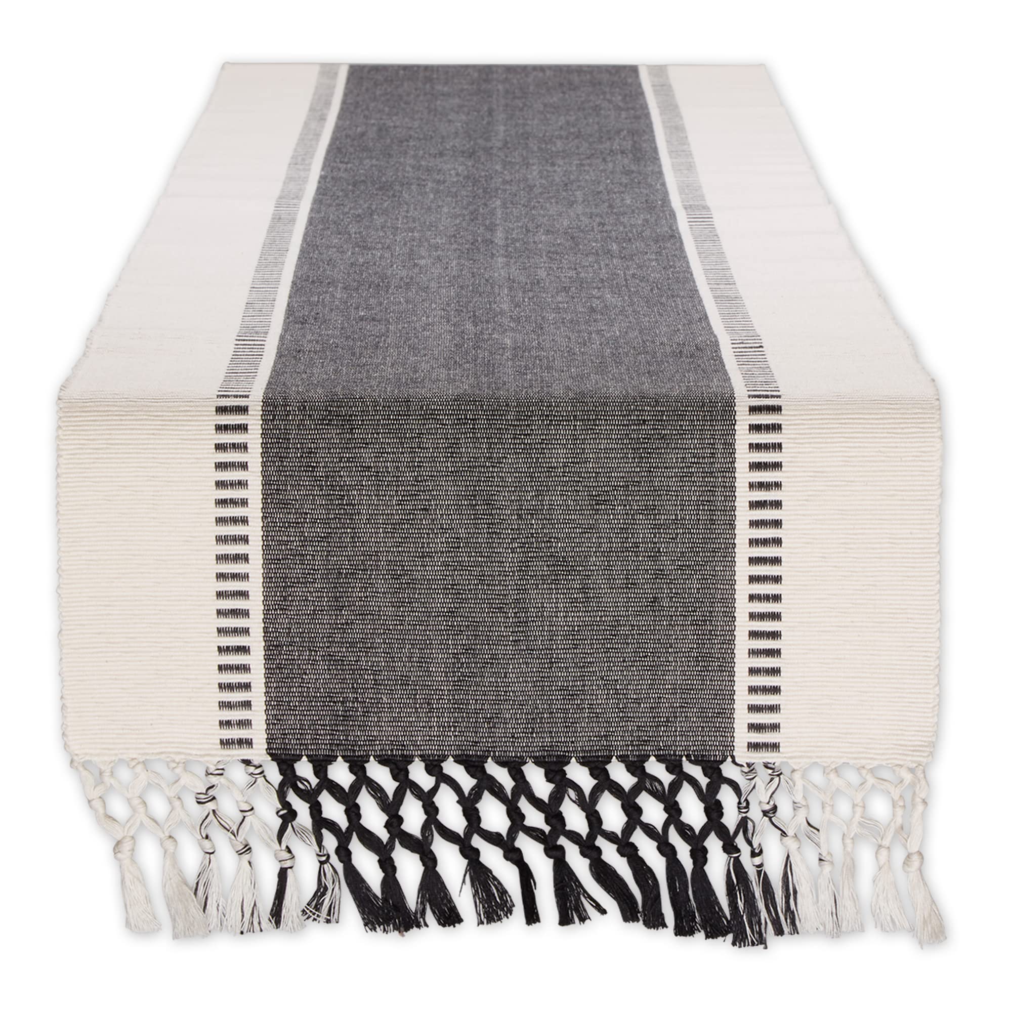DII Dobby Stripe Woven Table Runner 13" x 108" - Black with Fringes Included