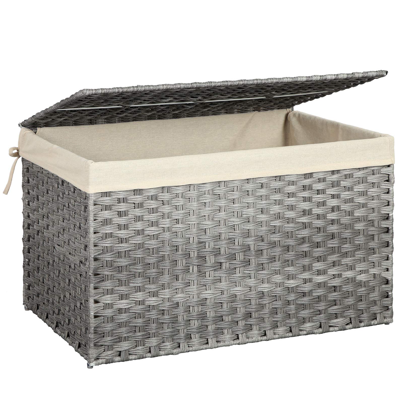 SONGMICS Storage Box with Cotton Liner, Rattan-Style Storage Basket, Storage Trunk with Lid and Handles, for Bedroom Closet Laundry Room, Gray URST76WG
