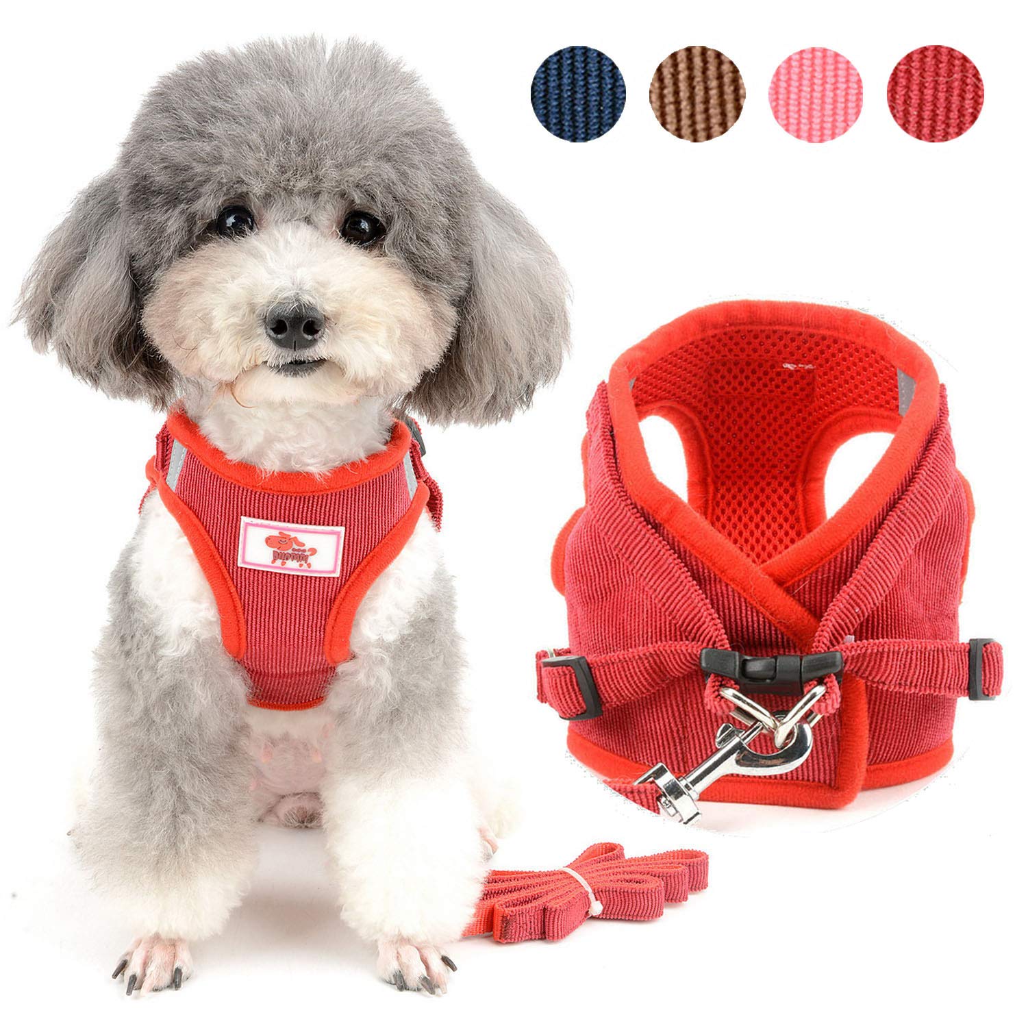 Zunea Small Dog Harness and Lead Sets No Pull Adjustable Reflective Step-in Soft Mesh Corduroy Vest Harnesses for Boy Girl Pet Dogs Puppy Chihuahua Cats Red S