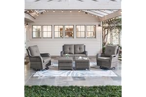 Belord 5 Piece Outdoor Patio Furniture Set - Wicker Furniture Patio Conversation Set, Outdoor Swivel Rocker Chairs with Loveseat Sofa and 2 Ottomans for Small Space, Gray Cushion