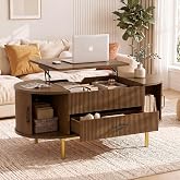 GOODONE 47.2" Mid Century Modern Coffee Tables,Fluted Oval Lift Top Coffee Table with Storage for Living Room or Home Office, Walnut