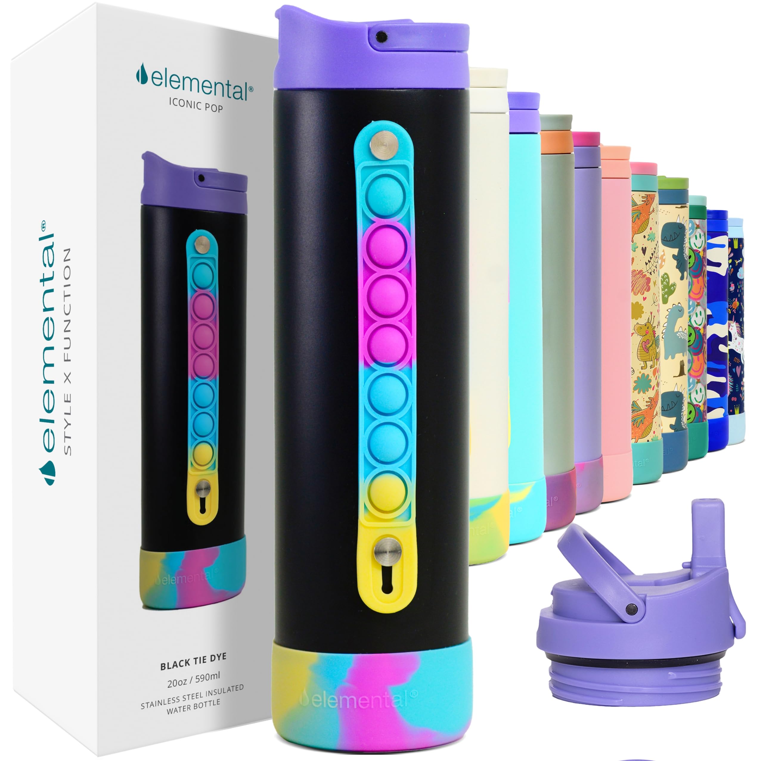Photo 1 of See notes pictures…………Elemental Iconic Kids Water Bottle for School - 100% Leak-Proof Insulated Water Bottles with Straw Lid & Pop-It Handle for Boys & Girls - Triple-Wall Insulated & BPA-Free, 20oz – Black Tie Dye