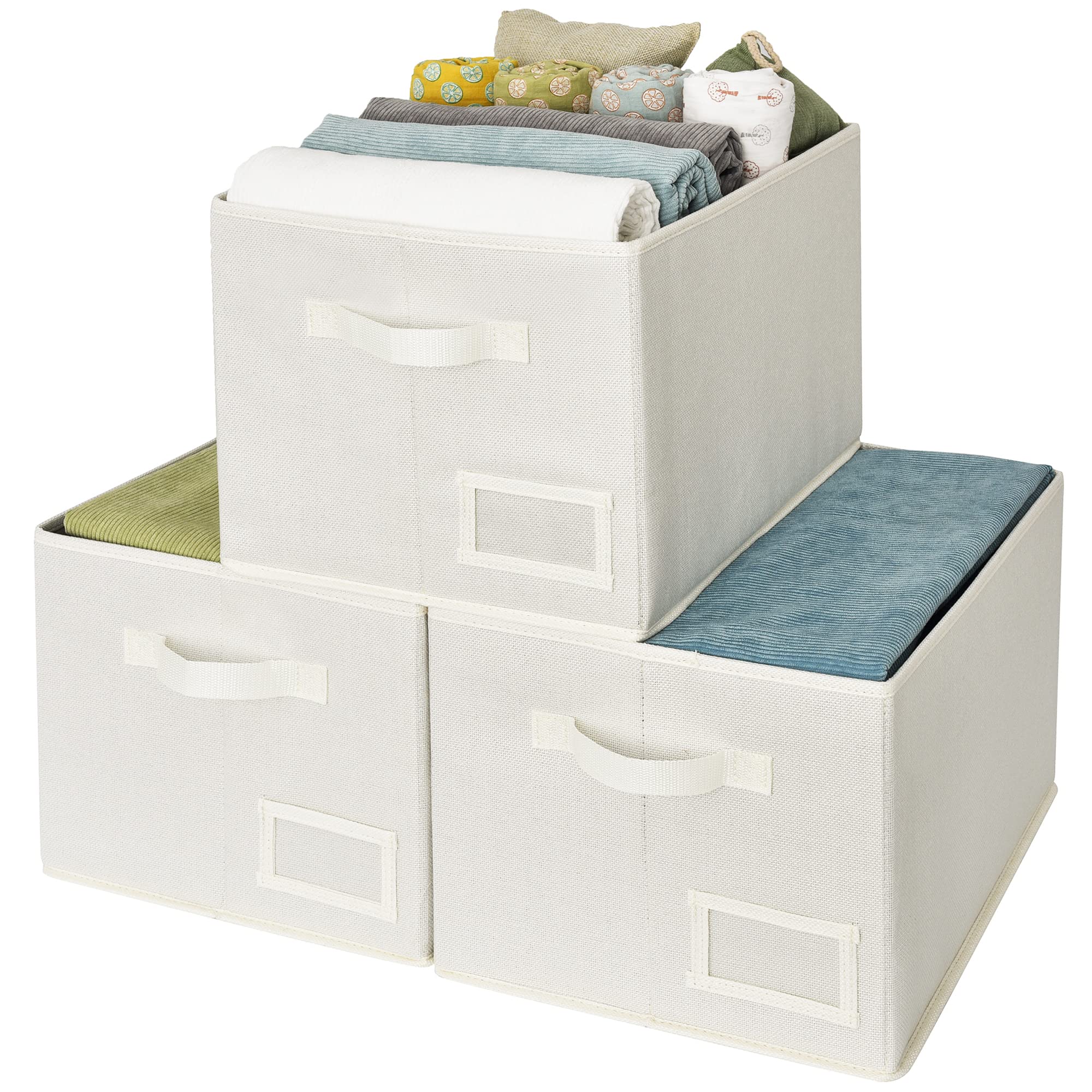 Photo 1 of GRANNY SAYS Cloth Storage Bin with Label Holder, Closet Organizers and Storage Shelves, Sweater Storage Boxes for Closet Room, Storage Baskets for Organizing, Pearl White, 3-Pack