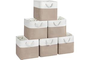 VQRTEXA 13 x 13 Inch Cube Storage Bins, 6 Pack Fabric Storage Basket with Handles, Foldable Boxes Organizer for Shelf Baskets for Home, Clothes, Toys (White/Khaki)