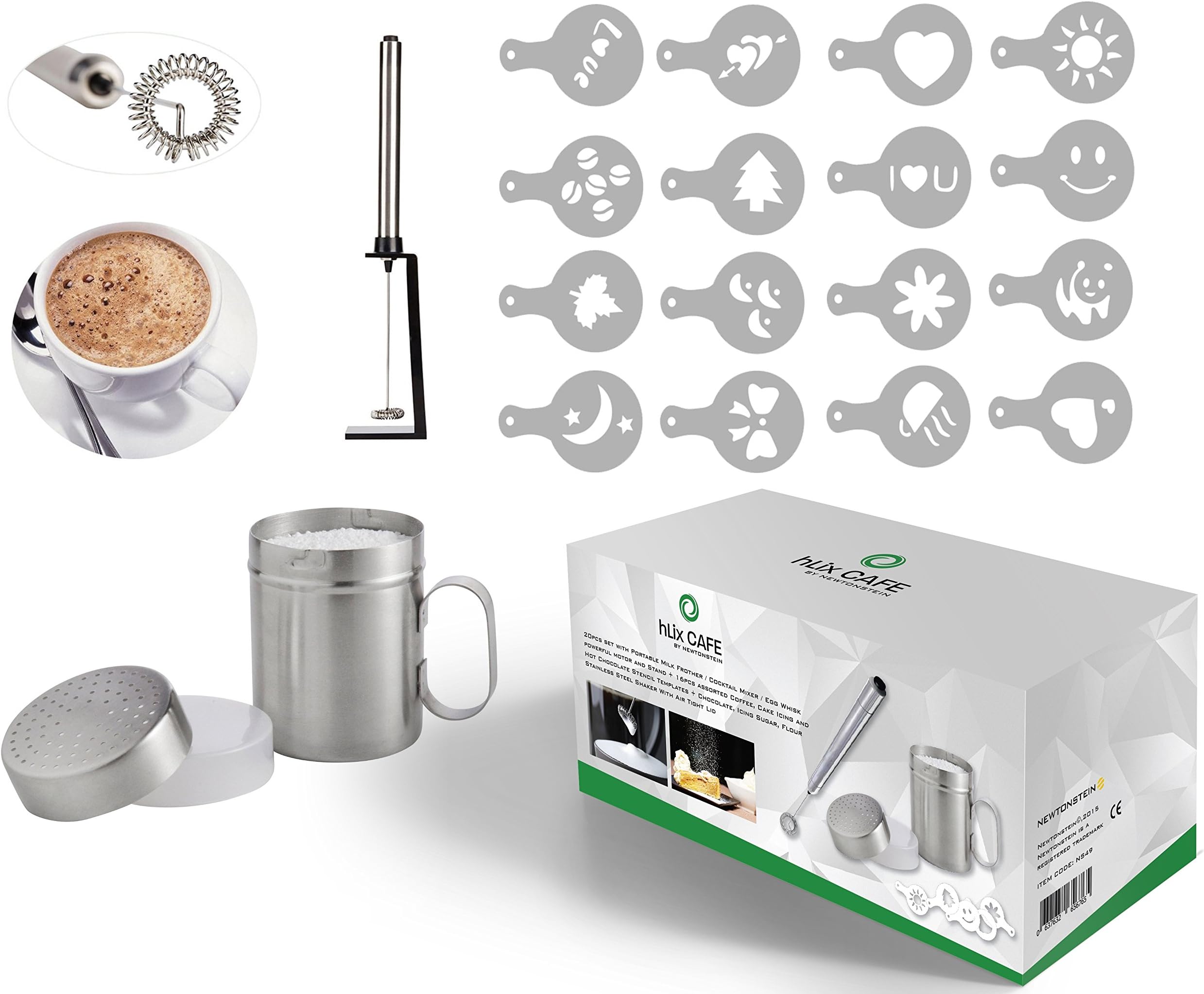 hLix CAFE - 20pcs set with Portable Milk Frother / Cocktail Mixer / Egg Whisk powerful motor and Stand + 16pcs assorted Coffee, Cake Icing and Hot Chocolate Stencil Templates + Chocolate, Icing Sugar, Flour Stainless Steel Shaker With Air Tight Lid