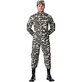 Mens Modern Combat Soldier Costume, Army Solider Uniform for Adults With A Digital Camouflage Print Jumpsuit And Hat