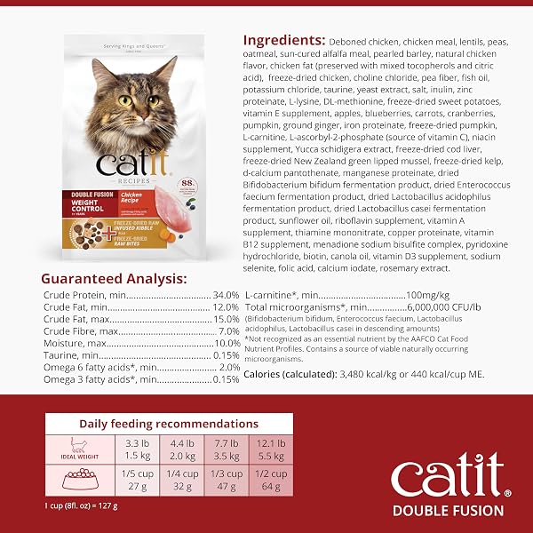 CATIT RECIPES DOUBLE FUSION WEIGHT CONTROL CAT FOOD – CHICKEN RECIPE, HIGH-PROTEIN, FREEZE-DRIED RAW TOPPINGS, NO BY-PRODUCTS, MINIMALLY PROCESSED, BALANCED NUTRITION, 4 LB
