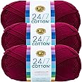Lion Brand 24/7 Cotton Yarn, Lightweight Yarn for Knitting, Crocheting, and Crafts, Magenta, 3 Pack