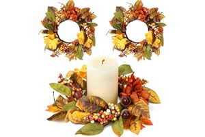 Suncalla 2 Pack Fall Candle Rings Wreath 6" with Artificial Berry Leaf Acorn Wreath for Mini Candle Rings Thanksgiving Fall Wedding Rustic Seasonal Decoration (Acorn)