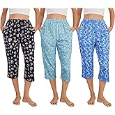 YIJIU 3 Pack Women's Capri Pajama Pants Printed Lounge Causal Bottoms Soft Comfy Elastic Waistband Sleep Pants with Pockets