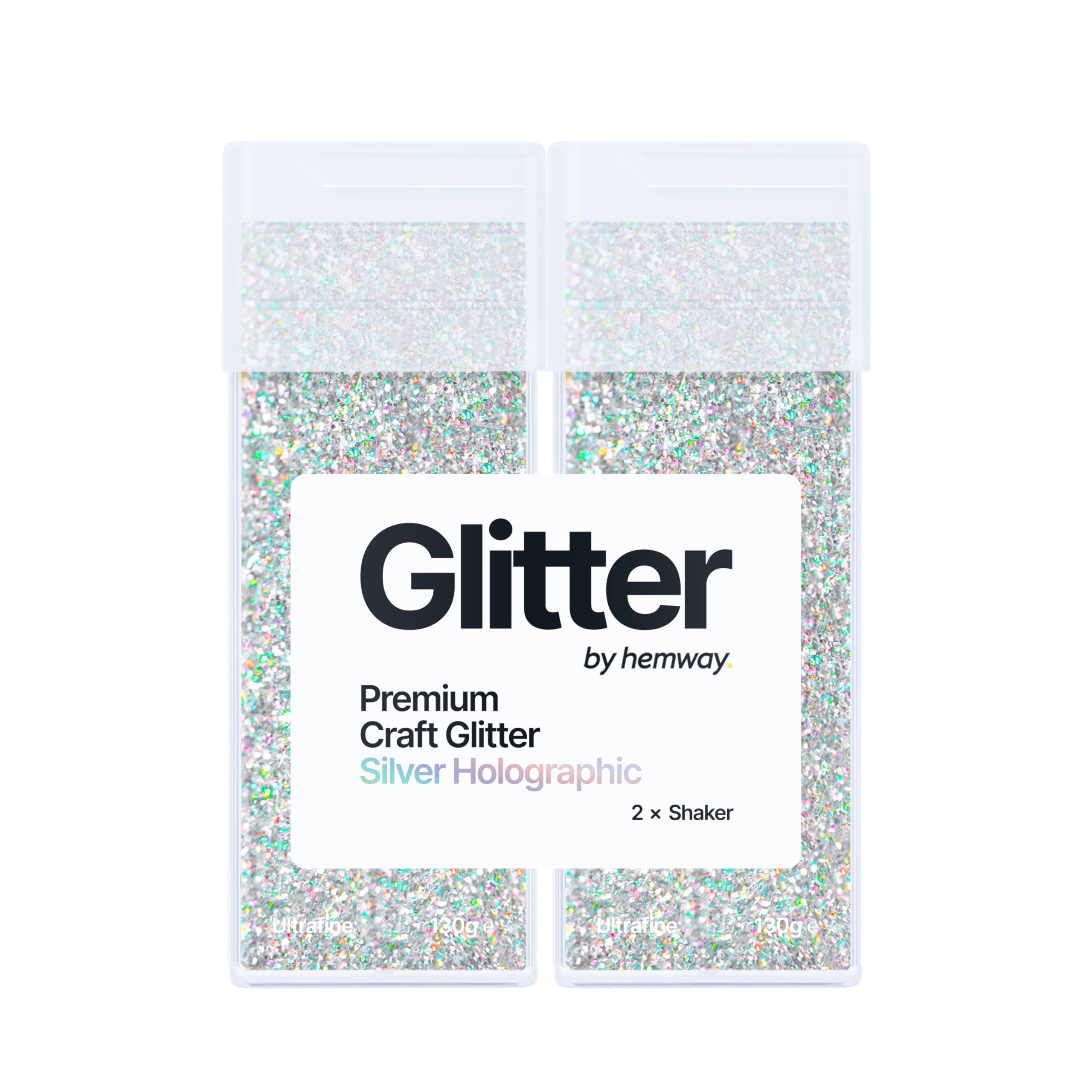 Hemway Glitter Shaker Silver Holographic 130g x2 Pack Ultrafine, Craft Glitter Shakers for Resin & Epoxy Crafts, Christmas Art Supplies, Nail, Body, Face, Eye, Festival, Crafting, Slime, Sparkle