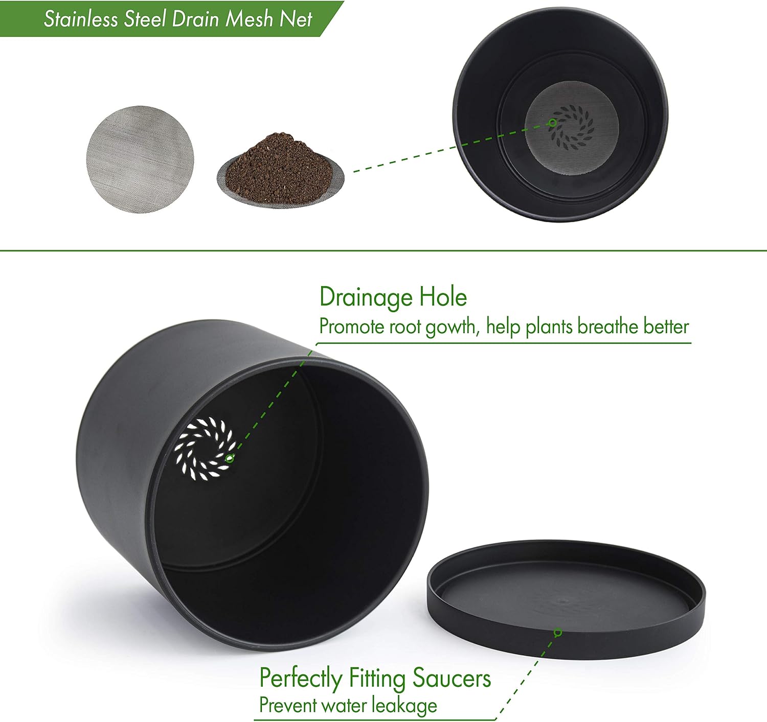 12 Inch Black Plastic Planter Pots for Plant Pot with Drainage Hole and Seamless Saucers, 74-O-L-2 : Kitchen & Dining