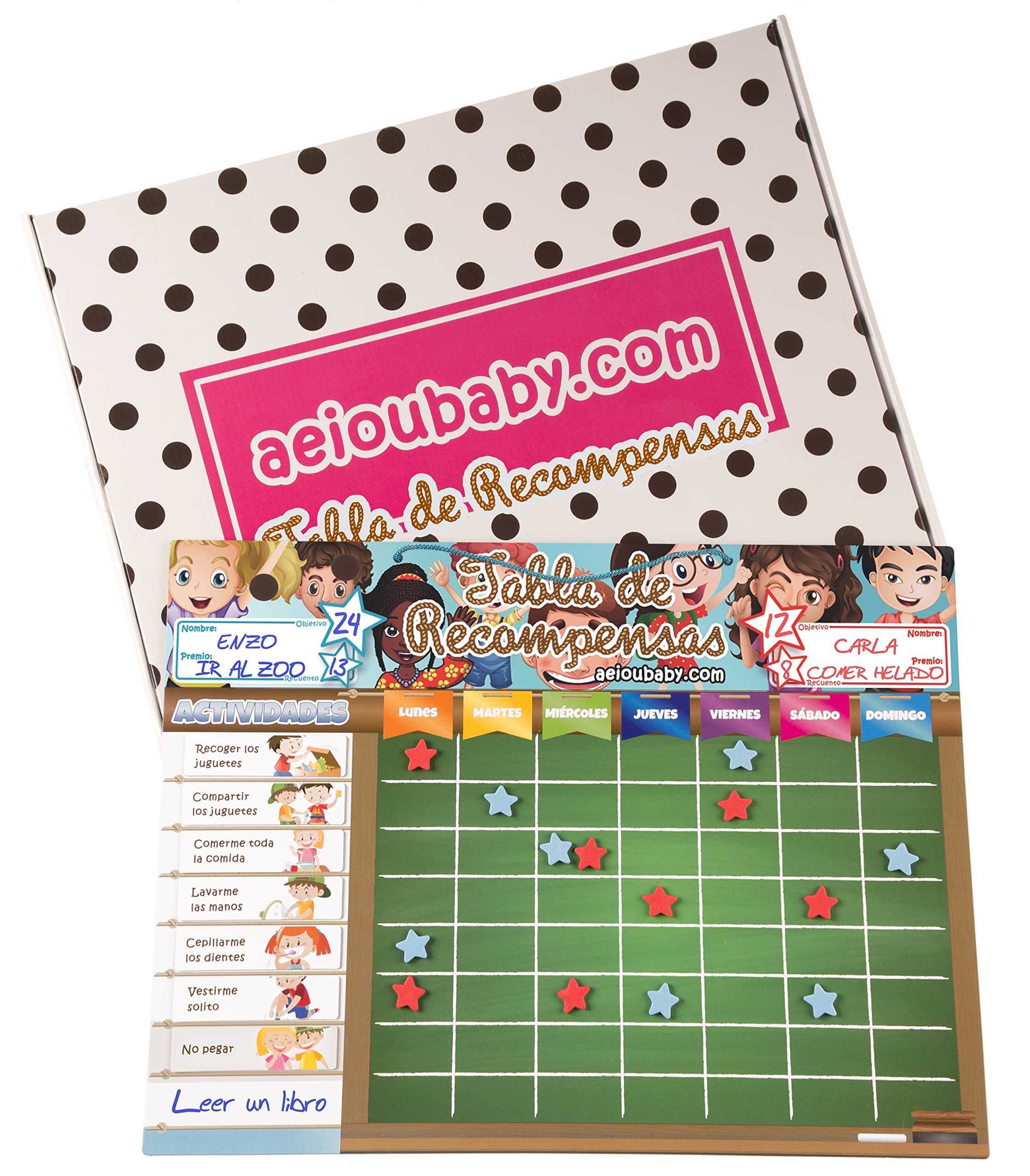 REWARD CHART Magnetic Large | Star Chart for wall or refrigerator, 17x12.6 in.| 22 activities, 2 markers and 1 balloon | Presentation box perfect as a gift for children and birthdays (Spanish)