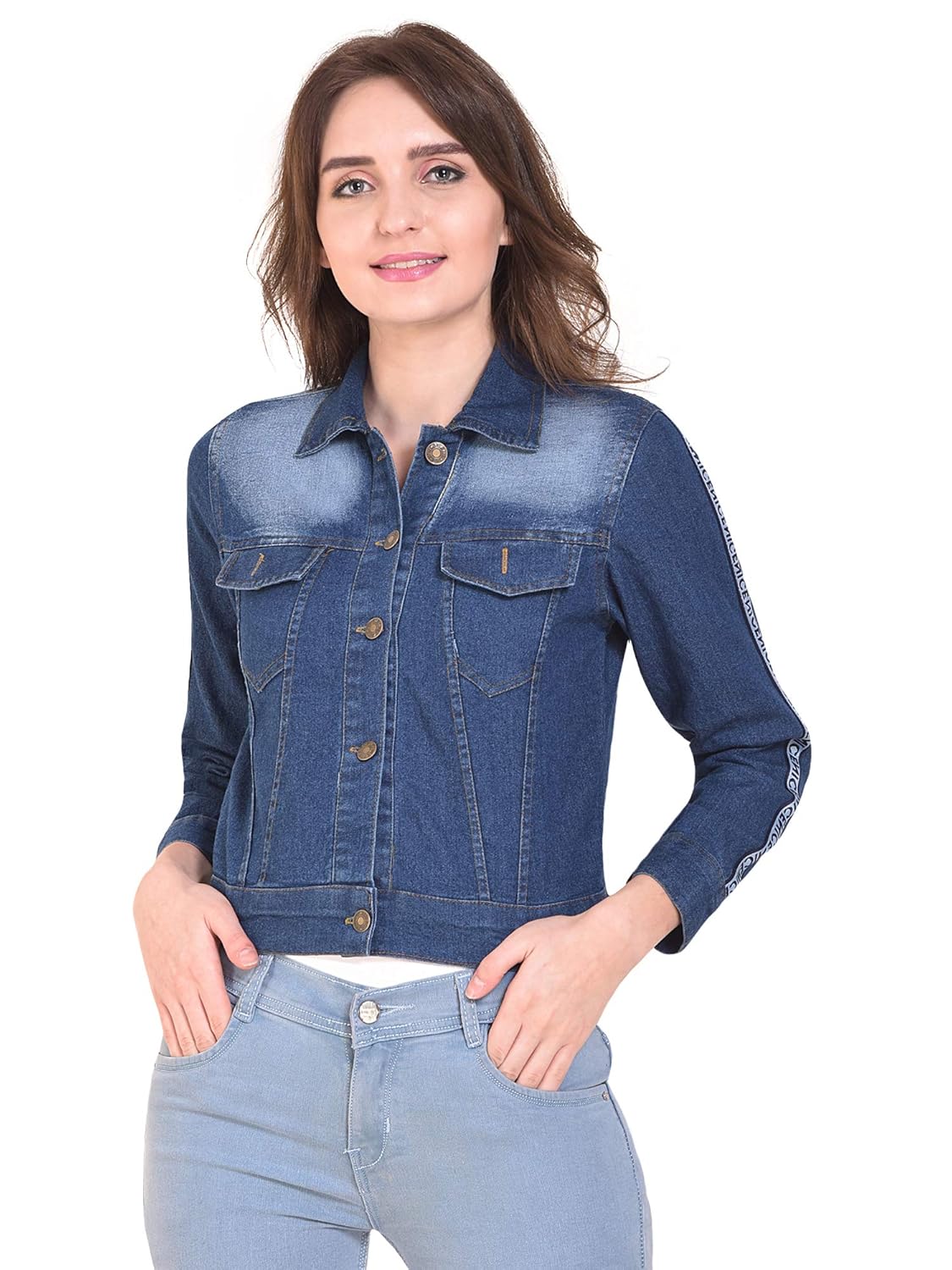 dimpy garments women's stone wash denim jacket (blue, medium)