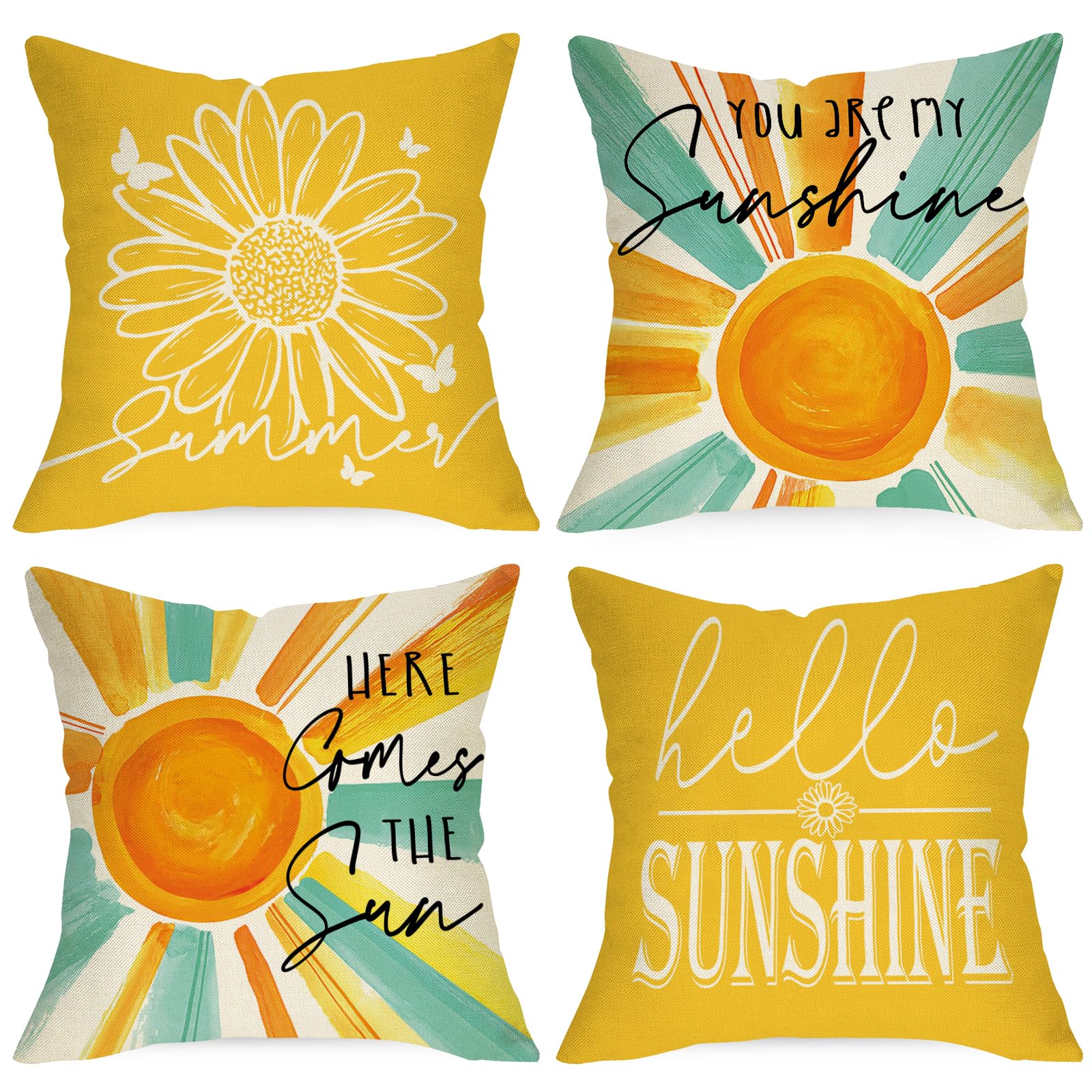 Photo 1 of Ussap Hello Summer Sun Decorative Throw Pillow Covers 18 x 18 Set of 4, You are My Sunshine Daisy Flower Yellow Cushion Case Decor, Here Comes The Sun Seasonal Home Decoration for Sofa Couch
