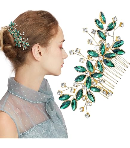Amazon.com : Denifery Bridal Hair Pin Emerald Gold Hair  display picture 1