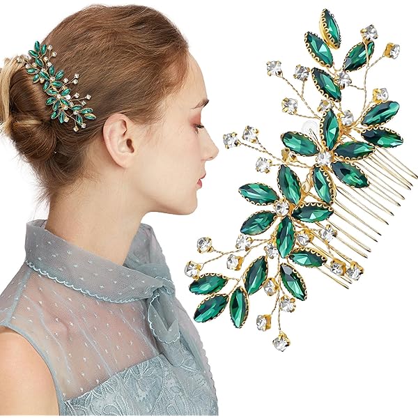 Bridal Hair Vine Emerald Green Crystal – Rhinestone Leaf  display picture 3
