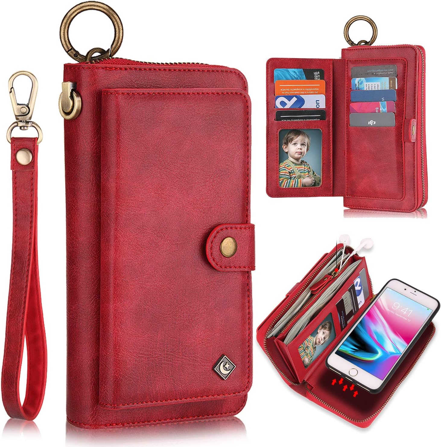 XRPow Wallet Case iPhone 8 Plus/iPhone 7 Plus 5.5" [2 in 1] Magnetic Detachable Wallet Case [Vegan Leather] Zipper Clutch Folio Flip Card Solt [Wrist Strap] Purse Protection Back Cover - Red