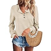 AURUZA Long Sleeve Shirts for Women Henley Shirts Waffle Knit Tops Casual Loose V Neck Tunic Tops Fall Outfits Waffle TShirt
