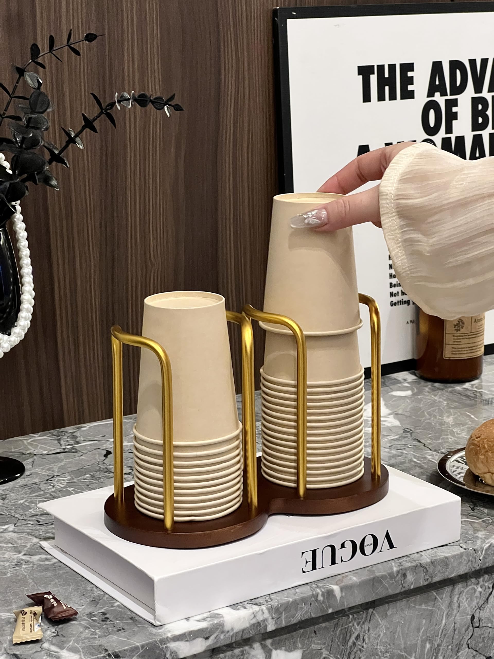 Photo 1 of Wood Bathroom Cup Holder 3oz-12oz, Stylish Walnut Disposable Cup Dispenser, Plastic Mouthwash Cup Storage Organizer for Cups (Under 3.35in Diameter) -Perfect for Office, Kitchen, Gym, School or Cafes