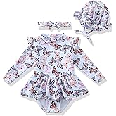 Renotemy Infant Baby Girls Swimsuit Toddler Bathing Suit Long Sleeve Zipper One-Piece Rash Guard Ruffle Swimwear with Hat